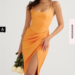 House of CB BIANCA Tangerine Satin Pleated Corset Midi Dress